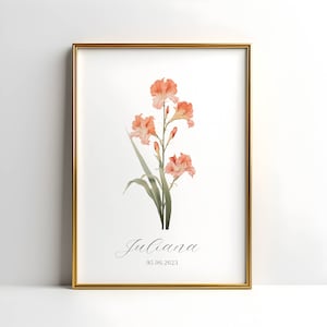 Gladiolus Watercolor Print, August Birth Month Flower Printable, Botanical Personalized Gift for New Baby, Custom Name Sign, Girl Nursery