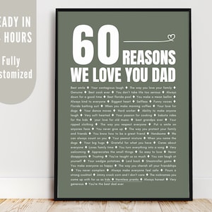 Poster 60e verjaardag vader, 60 redenen waarom we van je houden, gedenkwaardig cadeau van de kinderen, afdrukbare pdf-bestand met dingen die we leuk vinden aan jou, cadeau voor mannen/hem