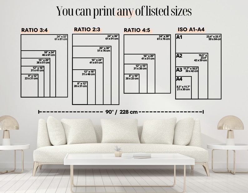 May include: Image showing a variety of print sizes, including 3:4, 2:3, 4:5, and ISO A1-A4 formats. Measurements are provided in inches and centimeters. The text "You can print any of listed sizes" is at the top. A white sofa and coffee table are in the foreground.