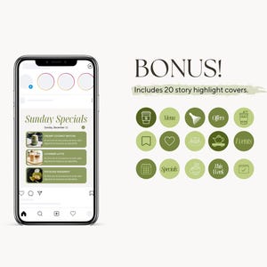 Pode incluir: Uma maquete de smartphone que exibe uma publica&ccedil;&atilde;o de m&iacute;dia social para um caf&eacute; com um esquema de cores verde e branco. A publica&ccedil;&atilde;o anuncia ofertas especiais de domingo com uma lista de bebidas e descri&ccedil;&otilde;es. A imagem tamb&eacute;m inclui 20 capas de destaque de hist&oacute;ria verde e branco com &iacute;cones como uma x&iacute;cara de caf&eacute;, um menu, um cora&ccedil;&atilde;o, um calend&aacute;rio e uma marca de verifica&ccedil;&atilde;o.