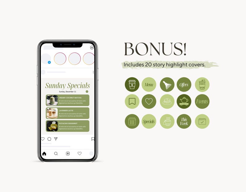 Pode incluir: Uma maquete de smartphone que exibe uma publica&ccedil;&atilde;o de m&iacute;dia social para um caf&eacute; com um esquema de cores verde e branco. A publica&ccedil;&atilde;o anuncia ofertas especiais de domingo com uma lista de bebidas e descri&ccedil;&otilde;es. A imagem tamb&eacute;m inclui 20 capas de destaque de hist&oacute;ria verde e branco com &iacute;cones como uma x&iacute;cara de caf&eacute;, um menu, um cora&ccedil;&atilde;o, um calend&aacute;rio e uma marca de verifica&ccedil;&atilde;o.