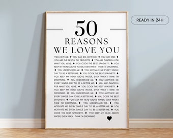 50 razões pelas quais te amamos - pôster de parede personalizado para impressão, presente para marido; presente de aniversário de 50 anos, presente de aniversário personalizado para ele, para ela
