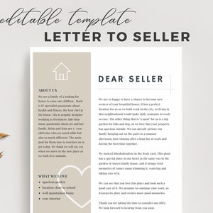 Plantilla de carta al vendedor sin foto, oferta de casa elegante personalizada, plantilla minimalista de carta al vendedor, nota editable de estimado vendedor