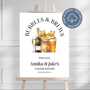 Placa de boas-vindas Bubbles and Brews - Modelo editável, pôster para festa de noivado, champanhe e cerveja, chá de panela moderno/casal, W25