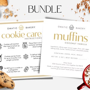 Etichetta Cottage Law e scheda per la cura dei biscotti - Modello in bundle, etichetta per prodotti da forno, attività di panificazione casalinga, istruzioni per la guida alla cura della conservazione dei dolci