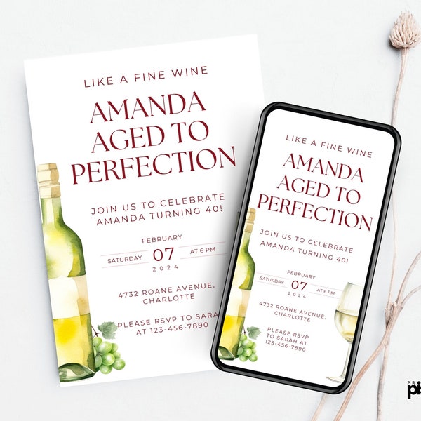 Aged To Perfection Birthday Invitation, Wine Tour, Alcohol Tasting, Winery, Editable Template, Fine Like Wine,
