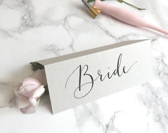 Grey Tent-Fold Place Cards// Wedding Calligraphy // Black ink // White Ink // Rose gold ink // Gold ink