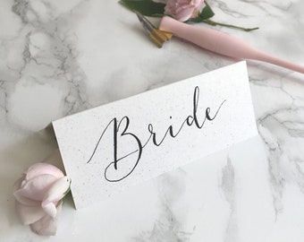 White, Flecked Tent-Fold Place Cards // Wedding Calligraphy // Black & Metallic Inks