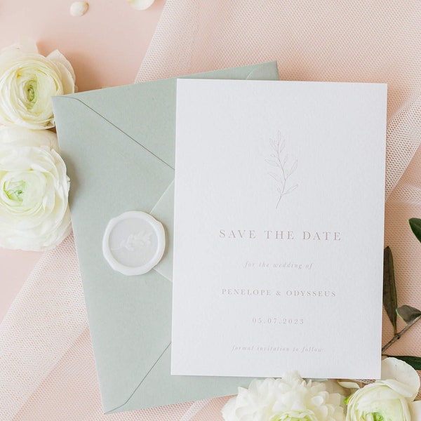 Olive Branch Save the Date / A6 card / minimal invite / modern stationery / destination wedding / Mediterranean / botanical / sample