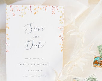 Autumn Wedding Save the Date / A6 / watercolour leaves / fall / botanicals / fine art wedding / elegant / modern calligraphy / sample