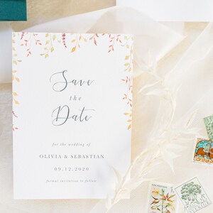 Mariage d’automne Save the Date / A6 / feuilles d’aquarelle / automne / botaniques / mariage d’art / élégant / calligraphie moderne / échantillon