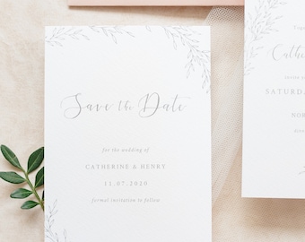 Grey Botanical Save the Date / A6 / line drawing / leaves / neutral wedding / elegant / delicate / modern calligraphy / stationery / sample