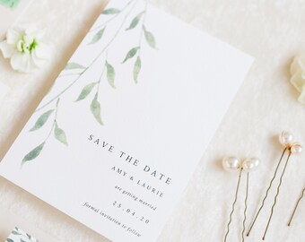 Minimal Botanical Save the Date / A6 / watercolour / leaves / greenery / modern wedding / foliage stationery / elegant / leaf / sample