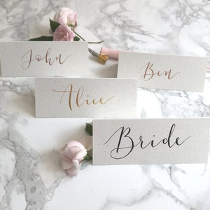 White, Flecked Tent-Fold Place Cards // Wedding Calligraphy // Black & Metallic Inks image 3