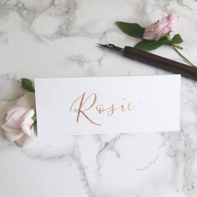 White Tent-Fold Place Cards Wedding Calligraphy Black /& Metallic Inks