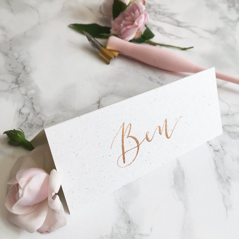 White, Flecked Tent-Fold Place Cards // Wedding Calligraphy // Black & Metallic Inks image 5