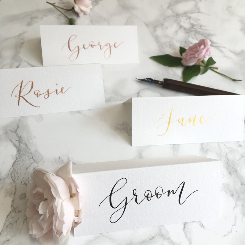 White Tent-Fold Place Cards Wedding Calligraphy Black /& Metallic Inks