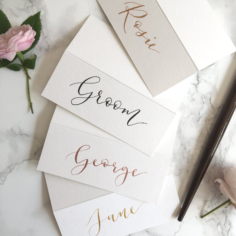 White Tent-Fold Place Cards Wedding Calligraphy Black /& Metallic Inks