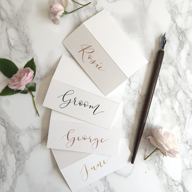 White Tent-Fold Place Cards Wedding Calligraphy Black /& Metallic Inks