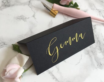 Black Tent-Fold Place Cards // Wedding Calligraphy // Gold // Rose Gold // Bronze //White ink