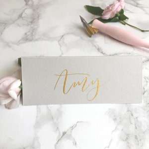 Grey Tent-Fold Place Cards// Wedding Calligraphy // Black ink // White Ink // Rose gold ink // Gold ink image 6