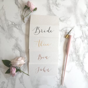 White, Flecked Tent-Fold Place Cards // Wedding Calligraphy // Black & Metallic Inks image 2