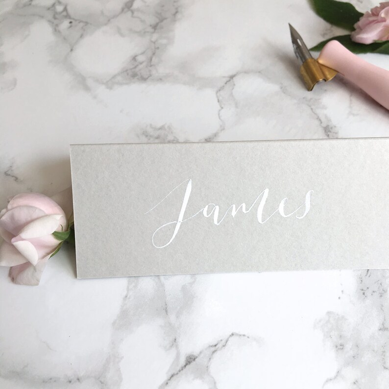 Grey Tent-Fold Place Cards// Wedding Calligraphy // Black ink // White Ink // Rose gold ink // Gold ink image 5