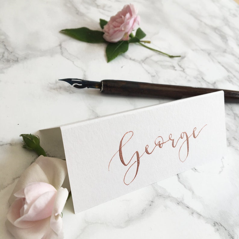 White Tent-Fold Place Cards Wedding Calligraphy Black /& Metallic Inks
