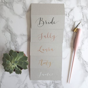 Grey Tent-Fold Place Cards// Wedding Calligraphy // Black ink // White Ink // Rose gold ink // Gold ink image 2