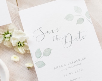 Eucalyptus Save the Date / A6 / papeterie aquarelle / botanique / calligraphie moderne / élégante / classique / mariage pastel / échantillon