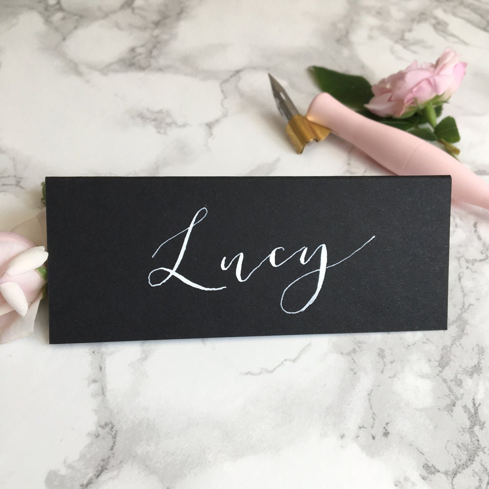 Black Tent-fold Place Cards // Wedding Calligraphy // Gold // - Etsy