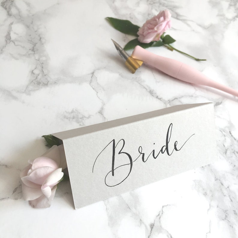 Grey Tent-Fold Place Cards// Wedding Calligraphy // Black ink // White Ink // Rose gold ink // Gold ink image 1