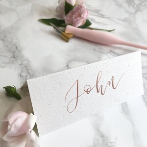 White, Flecked Tent-Fold Place Cards // Wedding Calligraphy // Black & Metallic Inks image 6