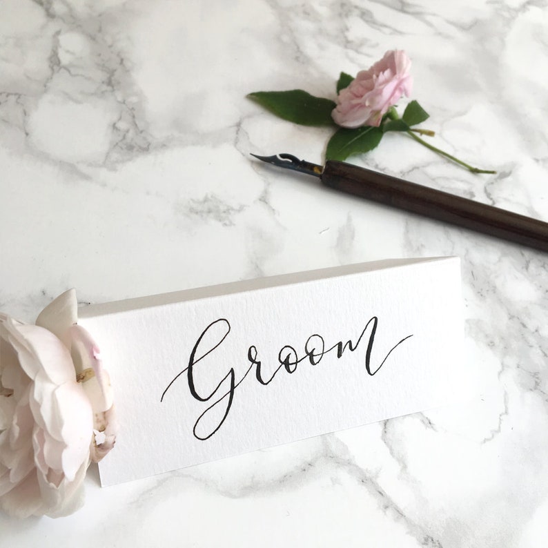 White Tent-Fold Place Cards Wedding Calligraphy Black /& Metallic Inks