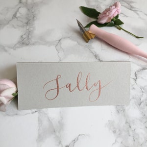 Grey Tent-Fold Place Cards// Wedding Calligraphy // Black ink // White Ink // Rose gold ink // Gold ink image 3