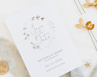 Winter Wedding Save the Date / A6 / Christmas / December / festive / winter botanicals / wreath / holly / mistletoe / berries / sample