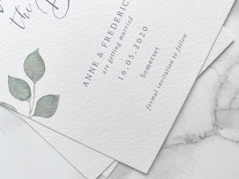 Eucalyptus Save the Date / A6 / watercolour stationery / botanical / modern calligraphy / elegant / classic / pastel wedding / sample image 7