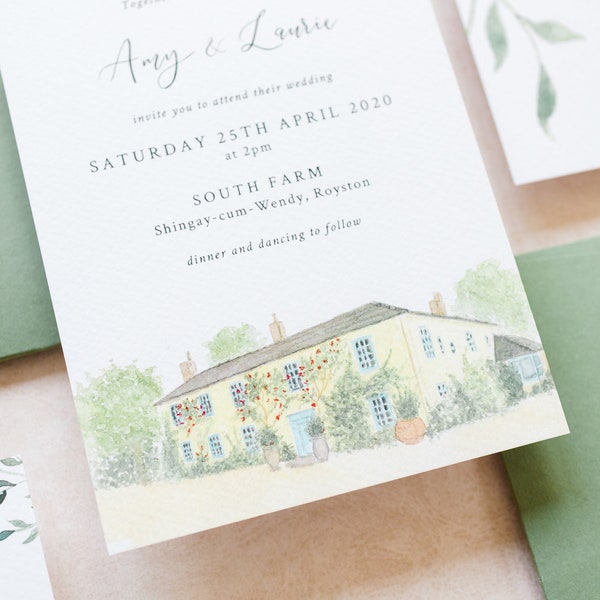 Suite d'invitations avec illustration pour le lieu / semi-personnalisée / papeterie de mariage / aquarelle / oeuvre d'art / classique / souvenir / sur mesure / échantillon