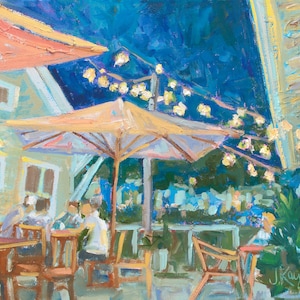 May include: A painting of a patio scene at night with a yellow umbrella, string lights, and people sitting at tables. The painting is done in a loose, impressionistic style with bright colors.