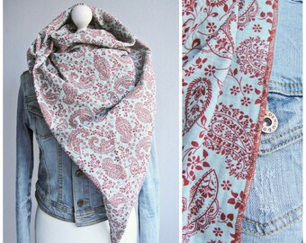 XXL triangular scarf, muslin, paisley flowers, mint green/red brown