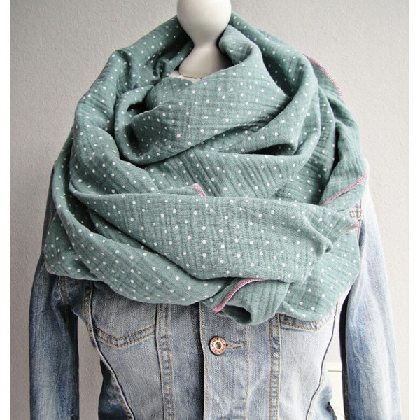 XXL triangular scarf, muslin, old green/white, dotted, muslin scarf