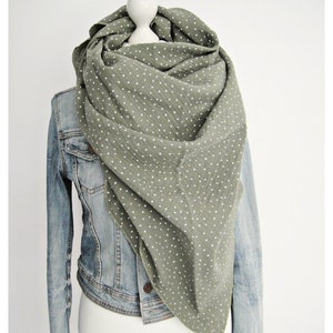 XXL triangular scarf, muslin, olive green/white/pink, dots, muslin scarf