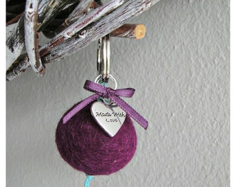 Keychain,purple,silver,turquoise,heart,loop,keychain with felt ball