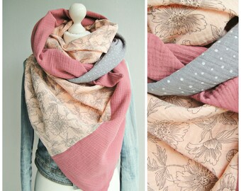 XXL triangular scarf, double layer, salmon/antique pink/grey, flowers/dots, muslin cloth