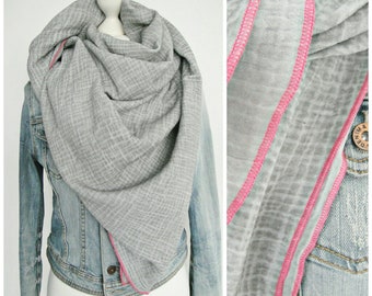 XXL muslin cloth, vintage 2-tone, grey/light grey/pink, 135/135 cm