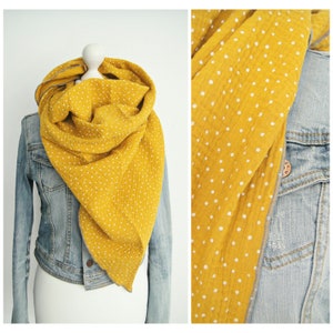 Triangular scarf XXL, muslin, dots/mustard yellow, white, gray