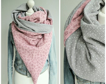 XXL triangular scarf, double layer, flower tendrils/dots, old pink/grey, muslin cloth