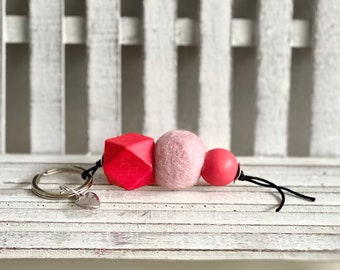 Keychain,pink,old pink,silver,heart,felt ball,wooden ball