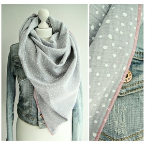 XXL triangular scarf, muslin, light grey, white, dots, muslin scarf,