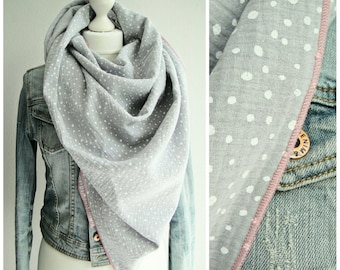 XXL triangular scarf, muslin, light grey, white, dots, muslin scarf,